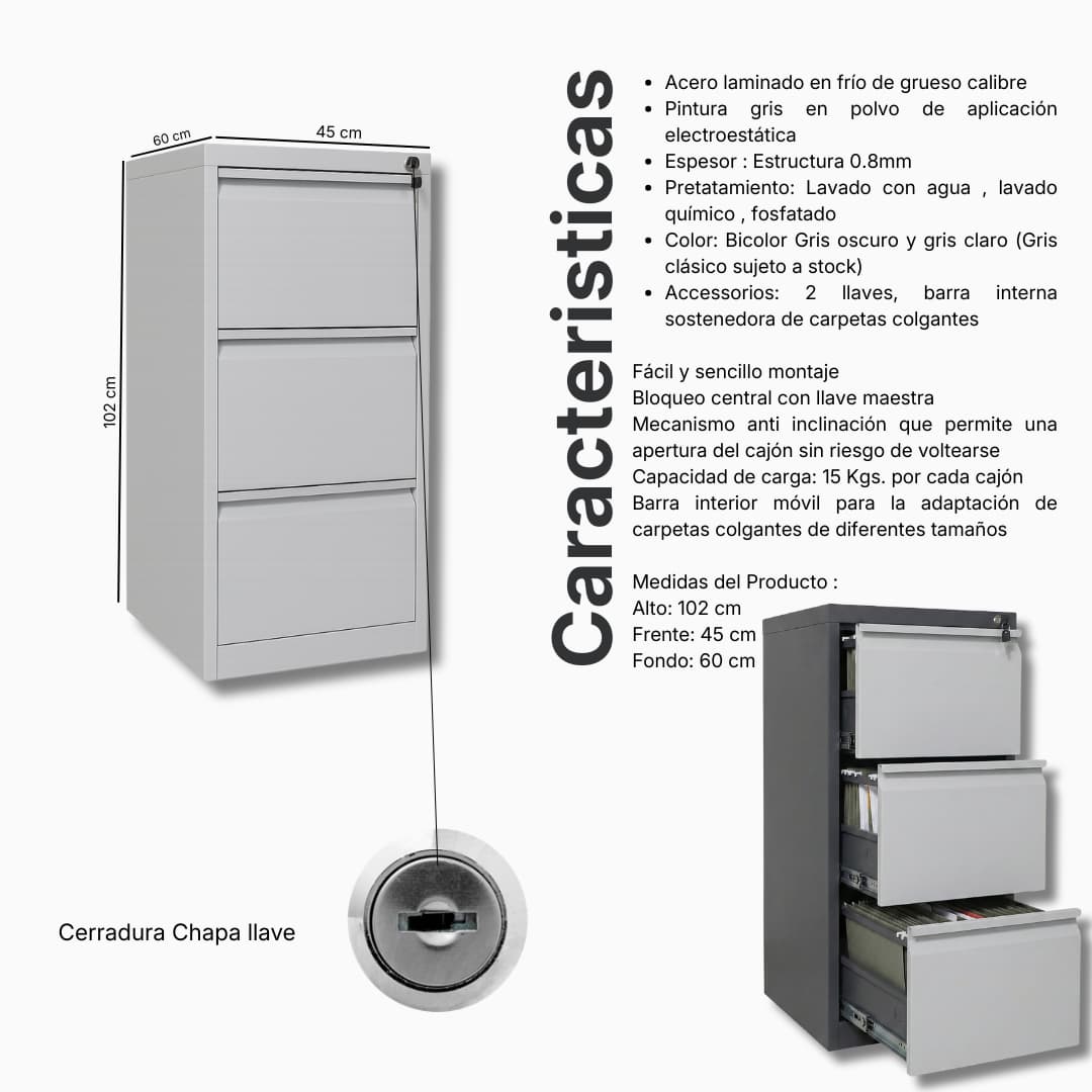 Ficha técnica y medidas del Kardex Metálico 3 cajones