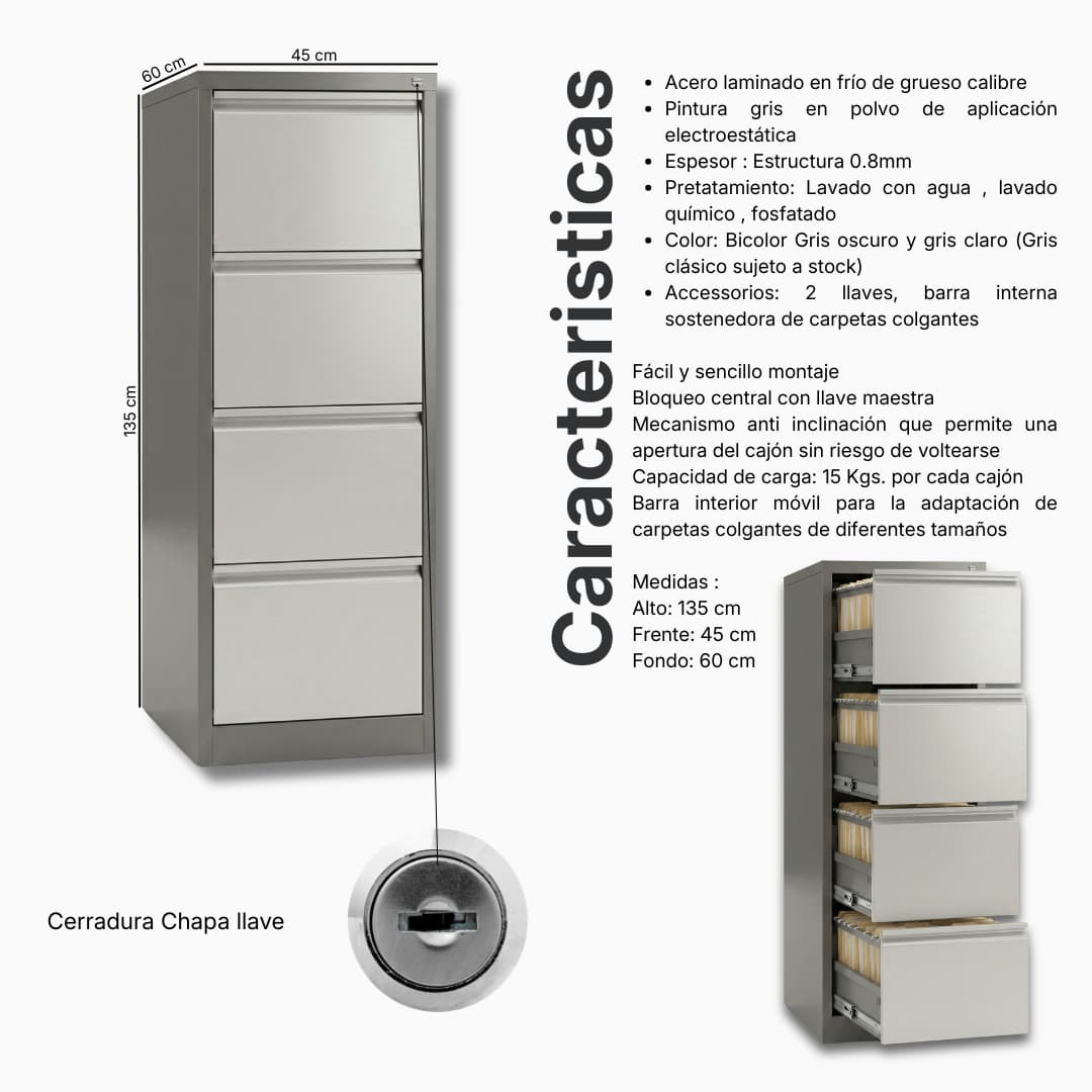 Ficha técnica y medidas del Kardex Metálico 4 cajones