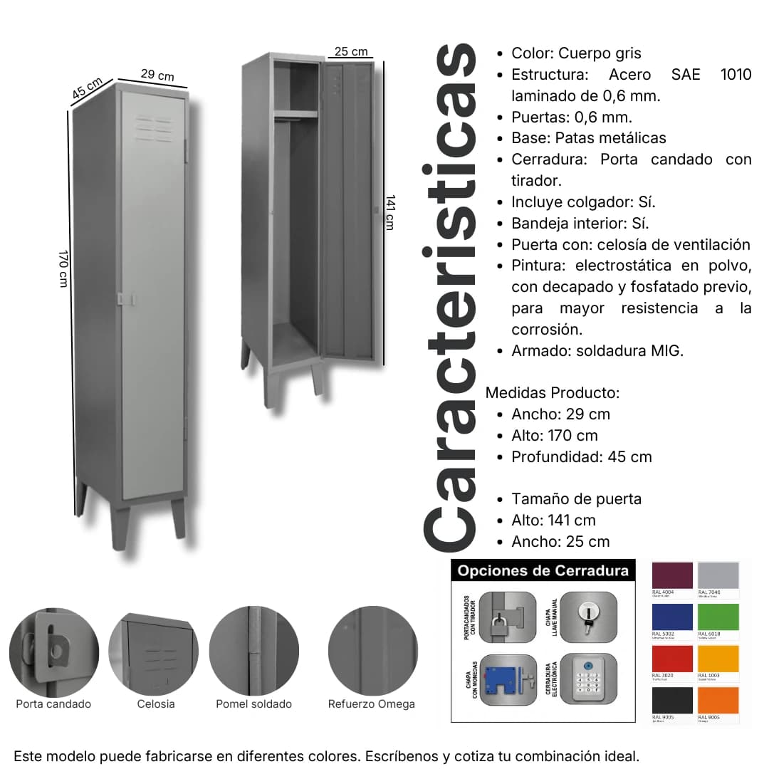 Ficha técnica y medidas del Locker Metálico 1 puerta, 1 cuerpo simple