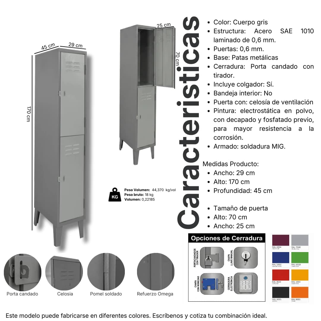 Ficha técnica y medidas del Locker Metálico 2 puertas, 1 cuerpo doble