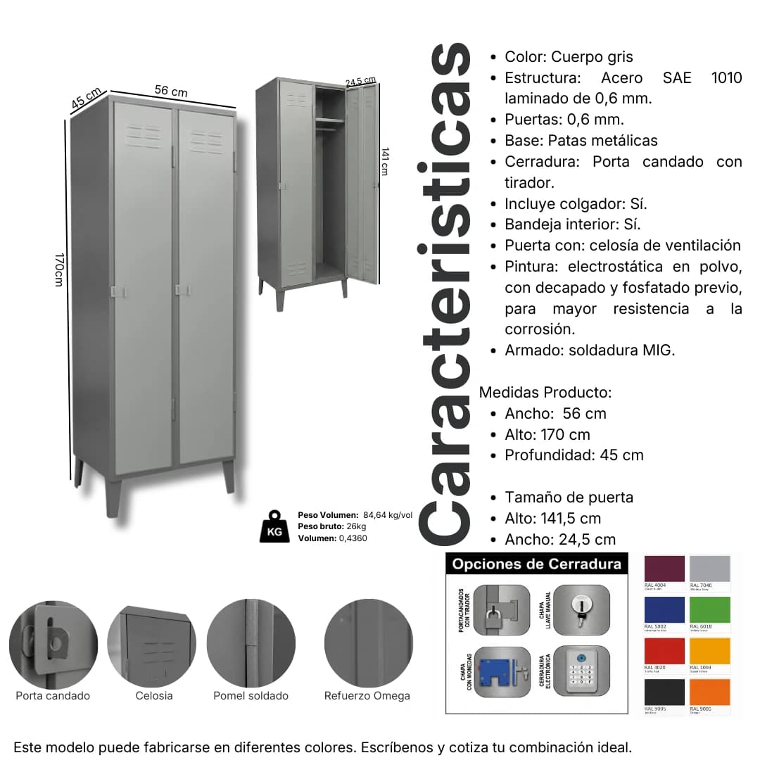 Ficha técnica y medidas del Locker Metálico 2 puertas, 2 cuerpos simples