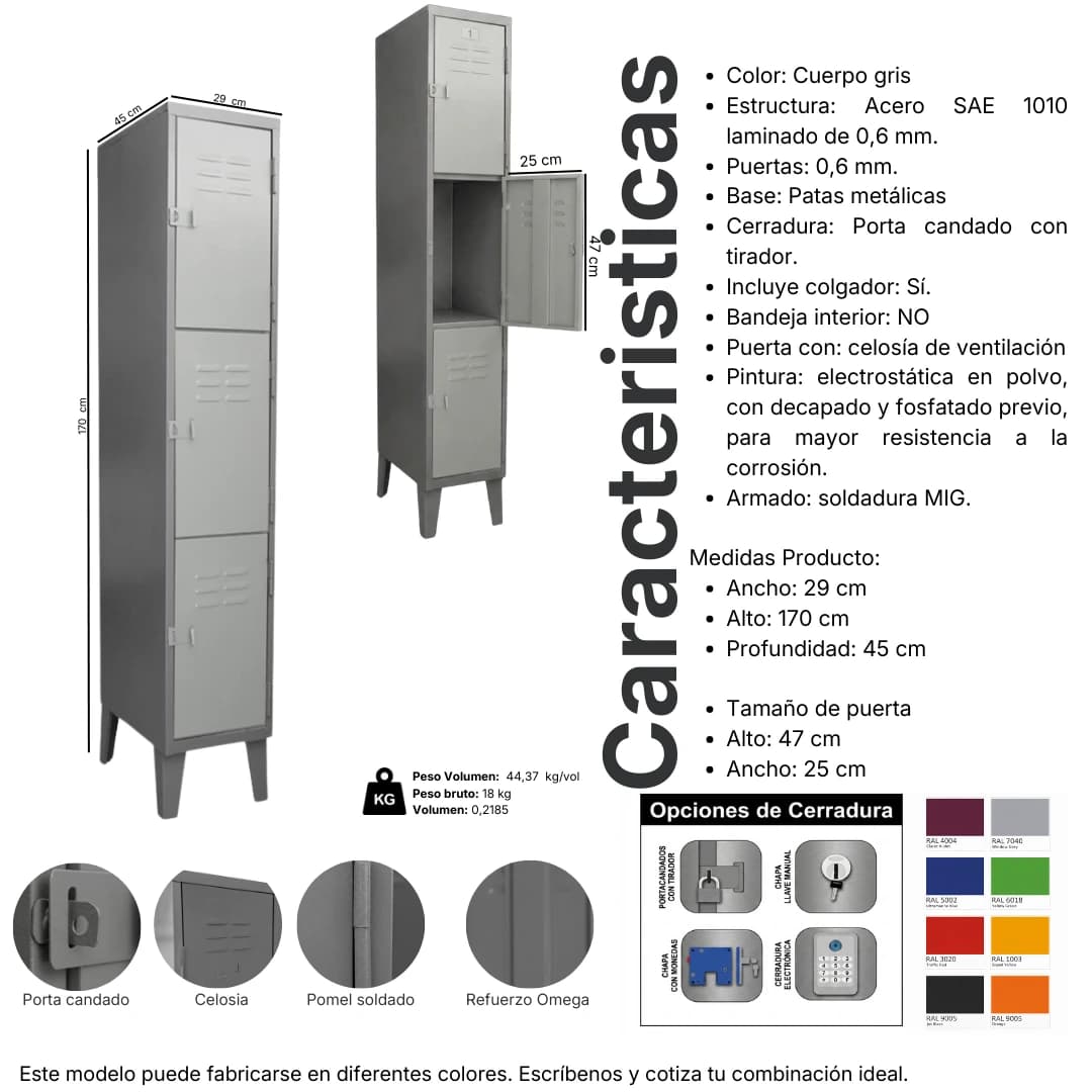 Ficha técnica y medidas del Locker Metálico 3 puertas, 1 cuerpo triple