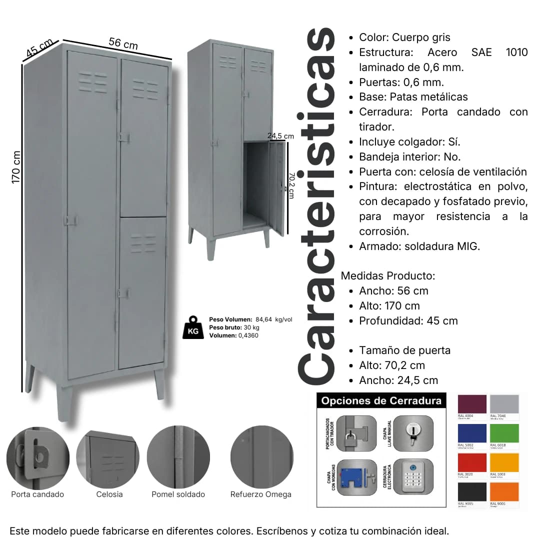 Ficha técnica y medidas del Locker Metálico 3 puertas, 2 cuerpos