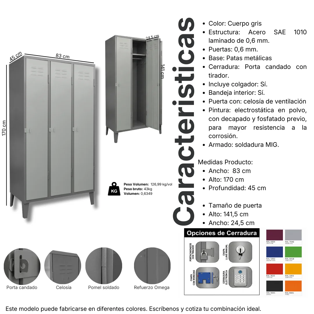 Ficha técnica y medidas del Locker Metálico 3 puertas, 3 cuerpos simples