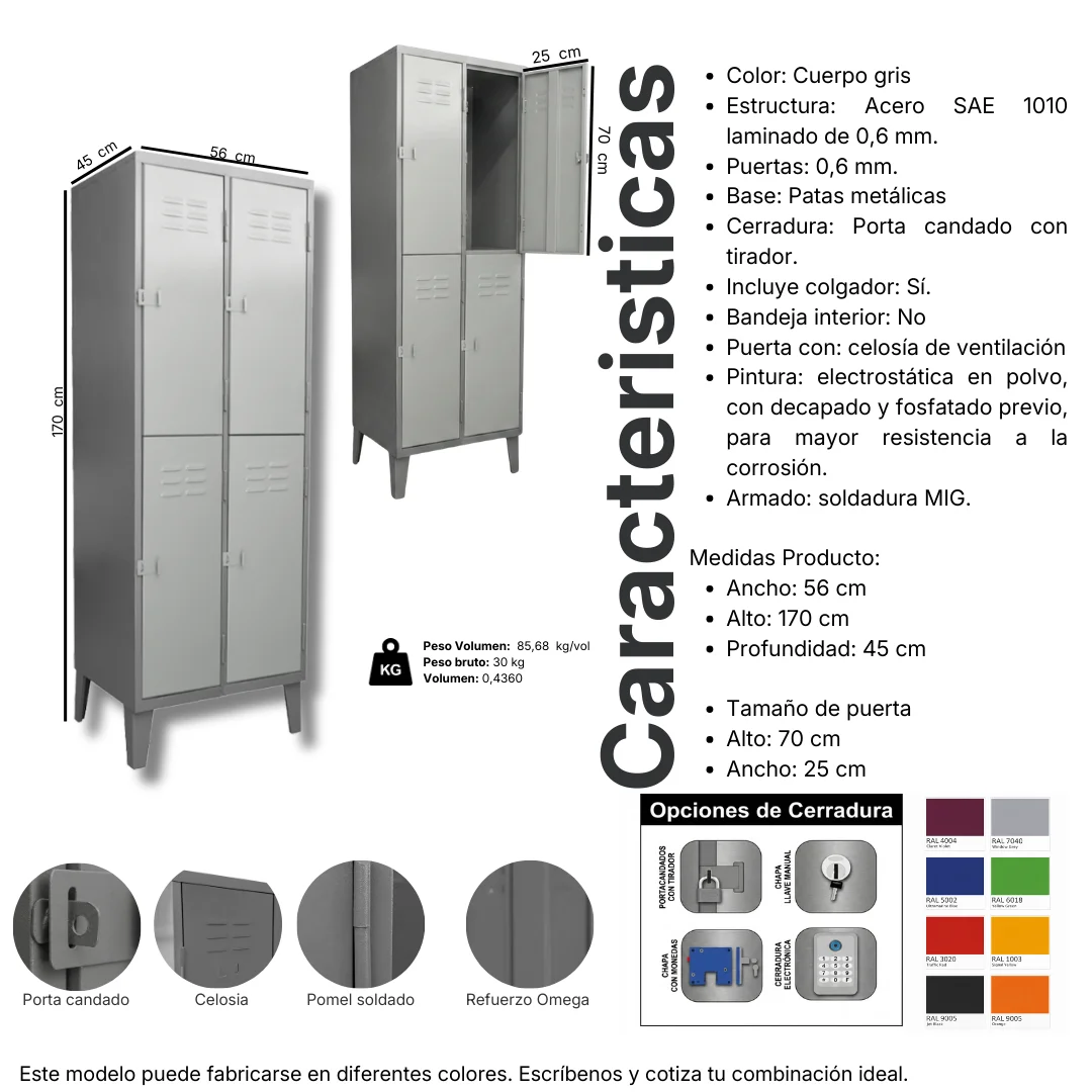 Ficha técnica y medidas del Locker Metálico 4 puertas, 2 cuerpos dobles