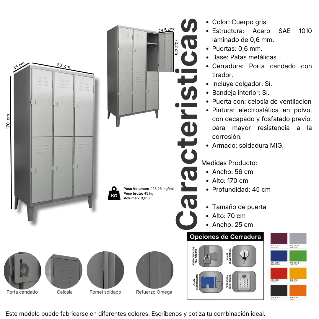 Ficha técnica y medidas del Locker Metálico 6 puertas, 3 cuerpos dobles