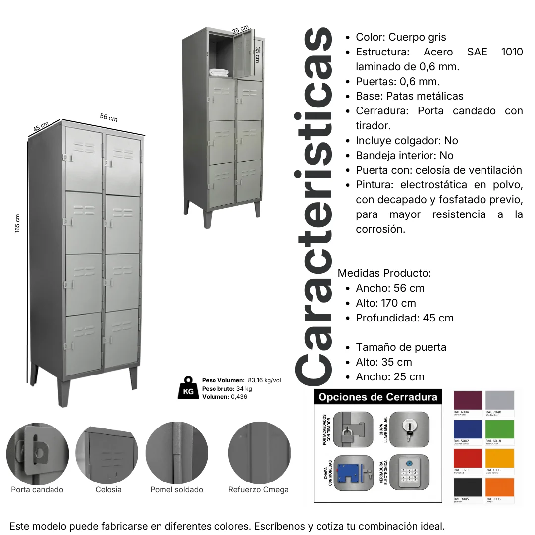 Ficha técnica y medidas del Locker Metálico 8 puertas, 2 cuerpos cuádruples