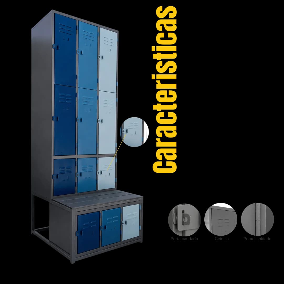 Ficha técnica y medidas del Locker Minería 12 puertas con banca incluida