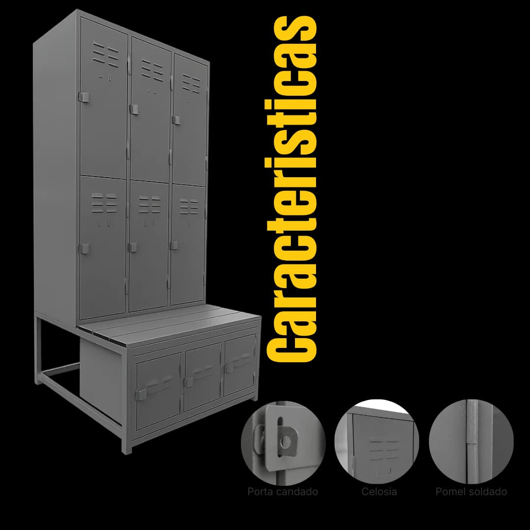 Ficha técnica y medidas del Locker Minería 9 puertas con banca