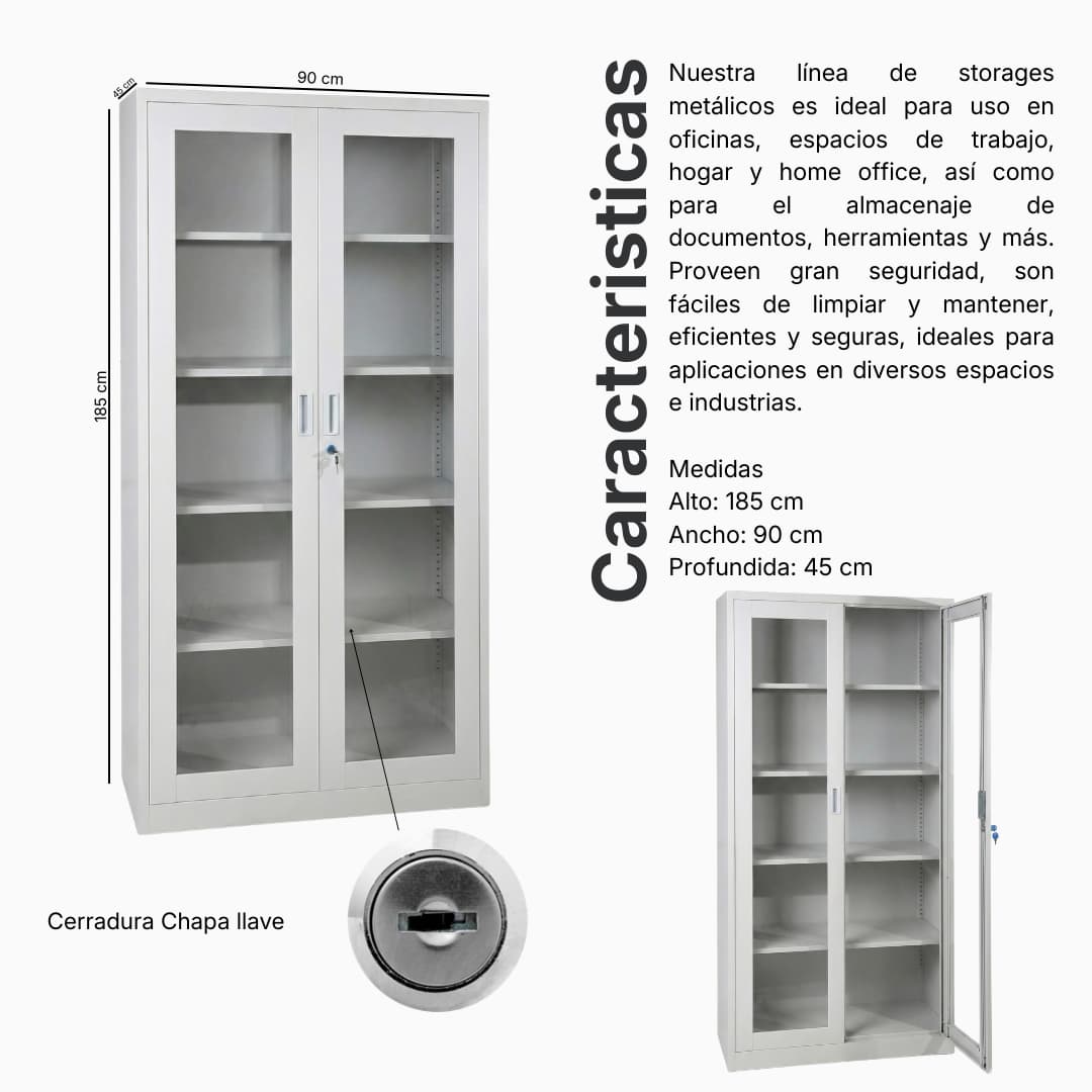 Ficha técnica y medidas del Storage Metálico Vitrina – 4 Bandejas