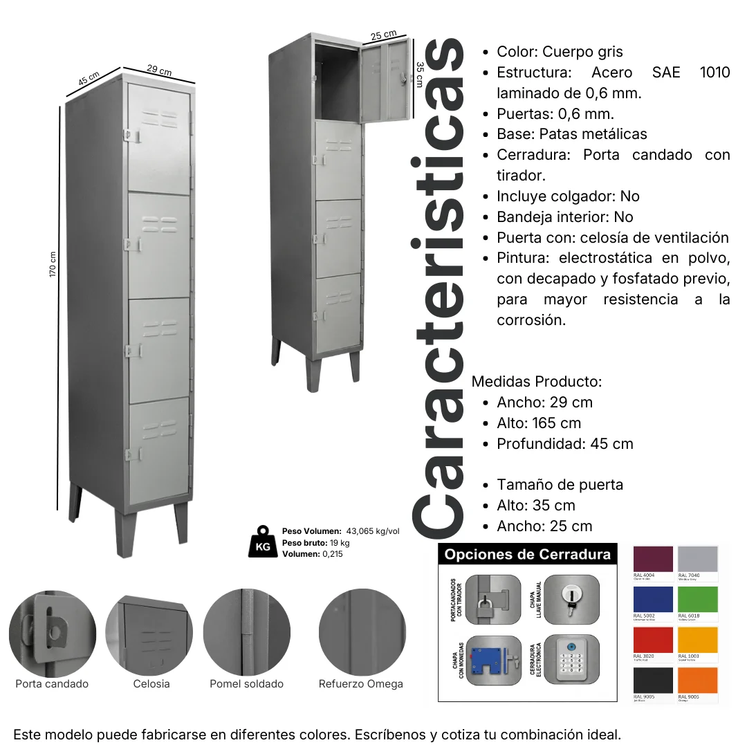 Ficha técnica y medidas del Locker Metálico 4 puertas, 1 cuerpo cuádruple