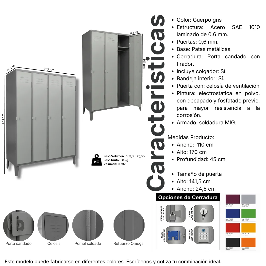 Ficha técnica y medidas del Locker Metálico 4 puertas, 4 cuerpos simples