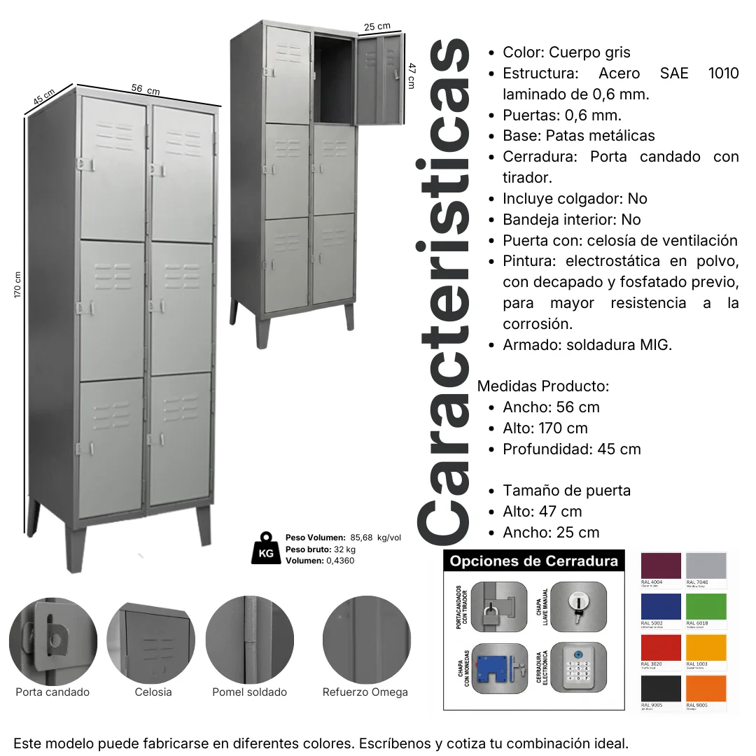 Ficha técnica y medidas del Locker Metálico 6 puertas, 2 cuerpos triples