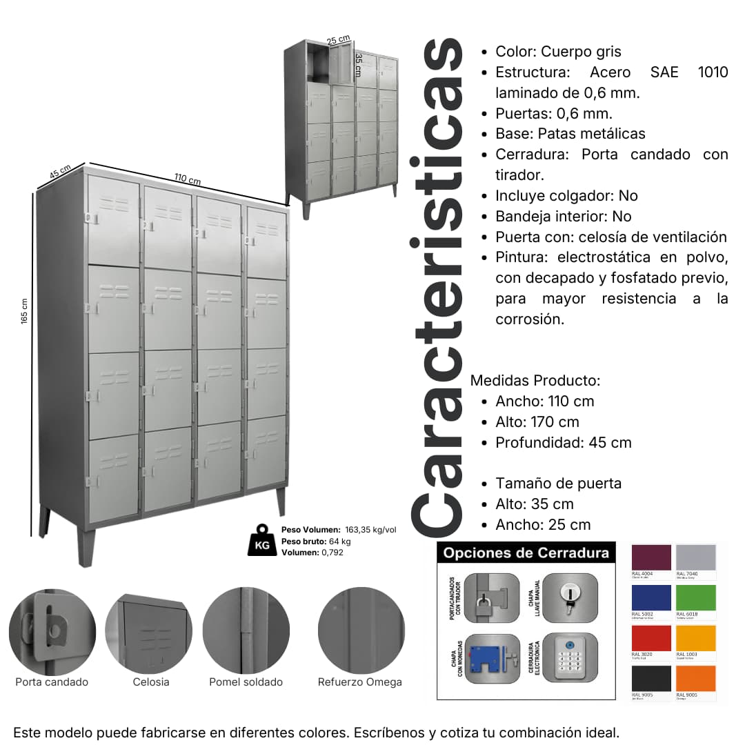 Ficha técnica y medidas del Locker Metálico casillero 16 puertas, 4 cuerpos cuádruples