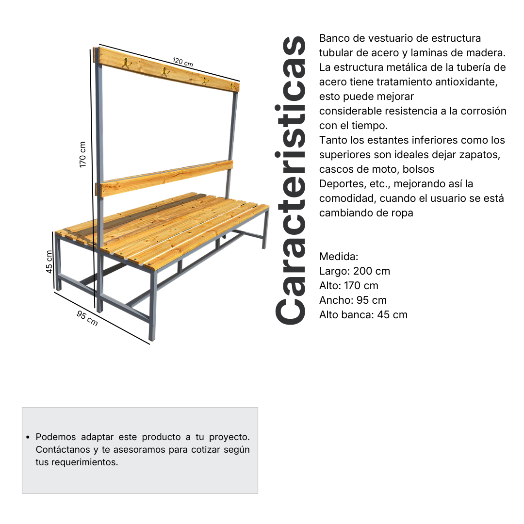 Ficha técnica y medidas de Bancas Dobles Madera con Perchero - 120
