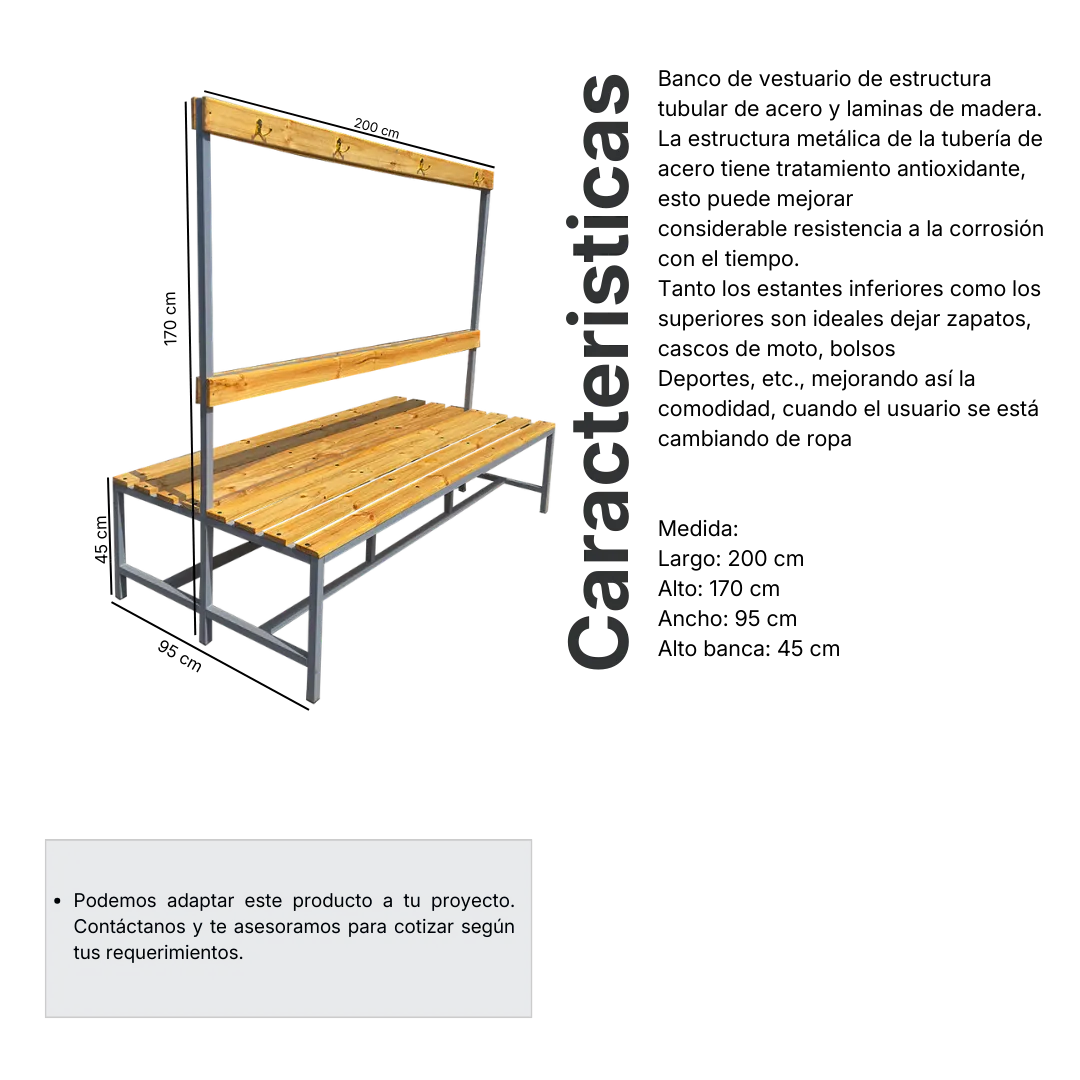 Ficha técnica y medidas de Bancas Dobles de Madera con Perchero - 200