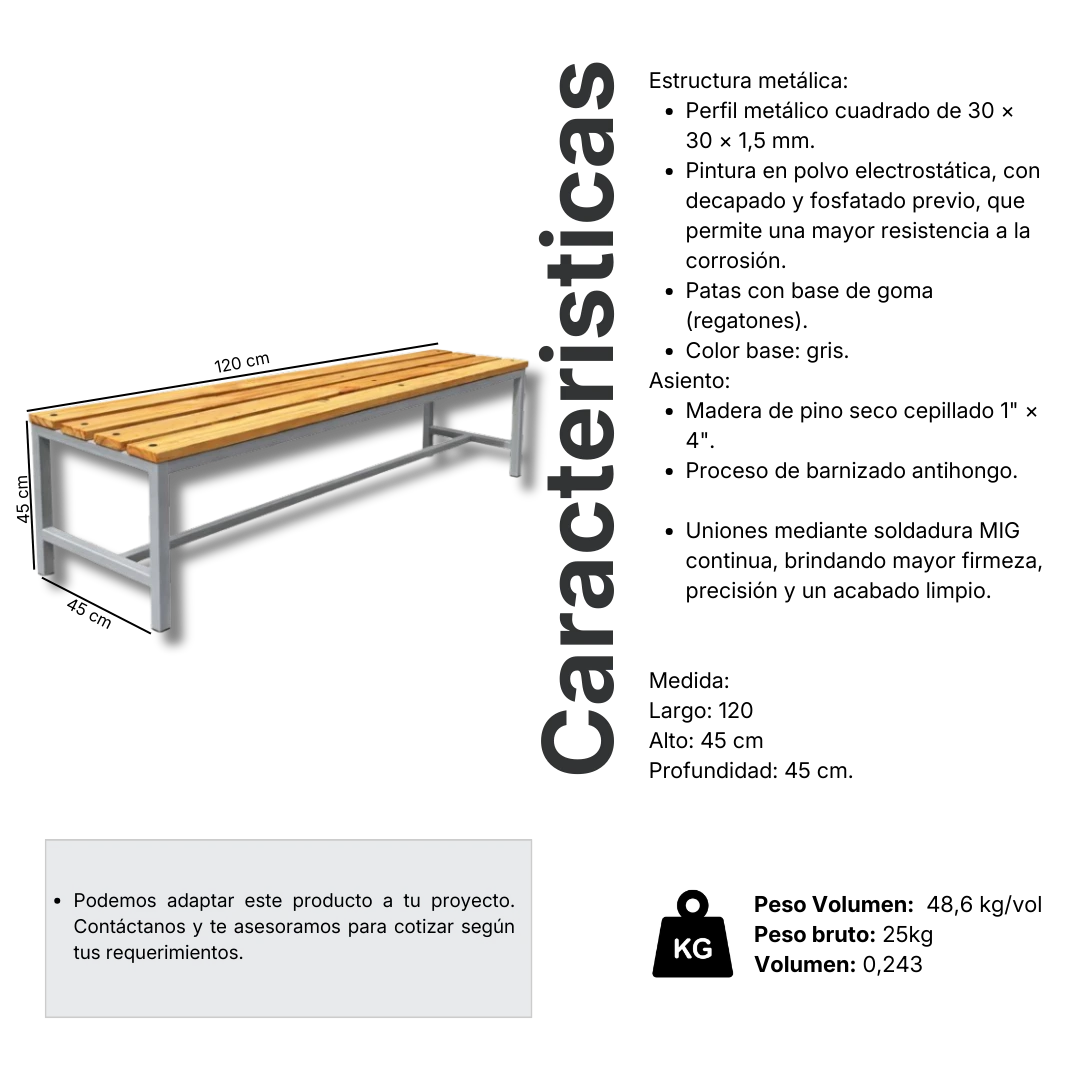 Ficha técnica y medidas de Banca De Madera Simple - 120X45X45