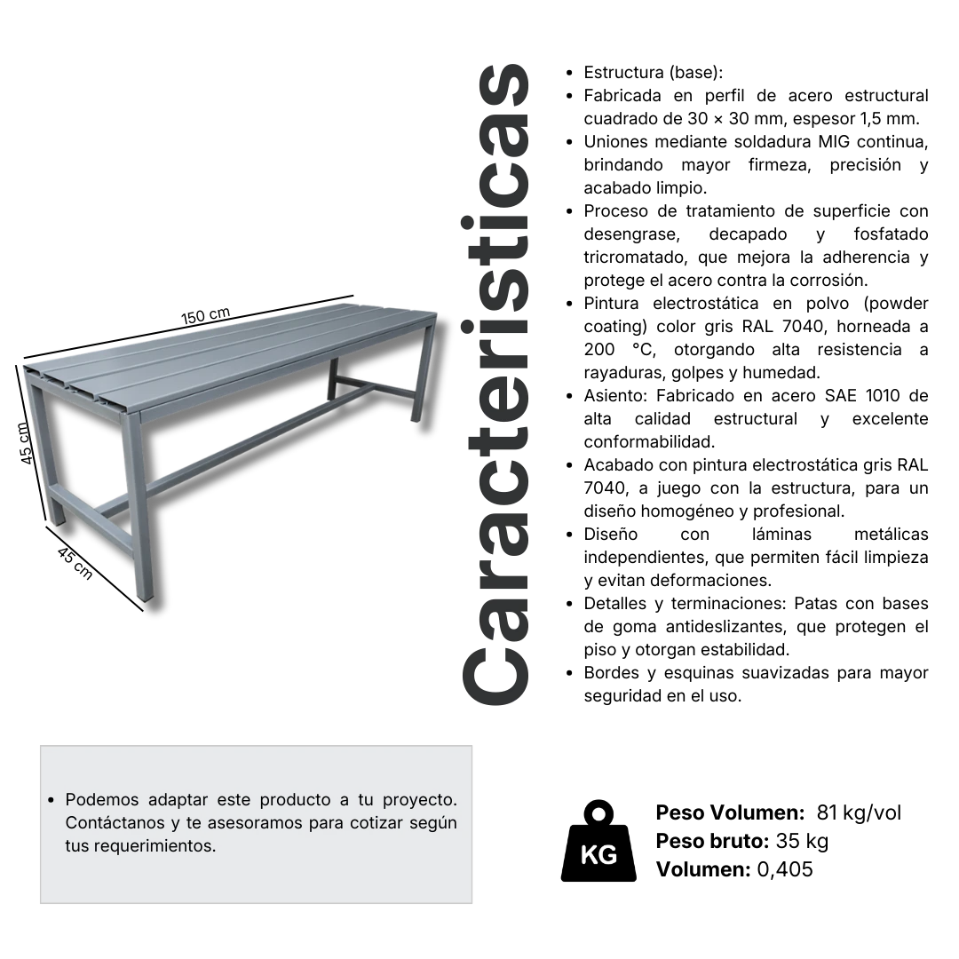 Ficha técnica y medidas de Banca Metálica Simple - 150X45X45