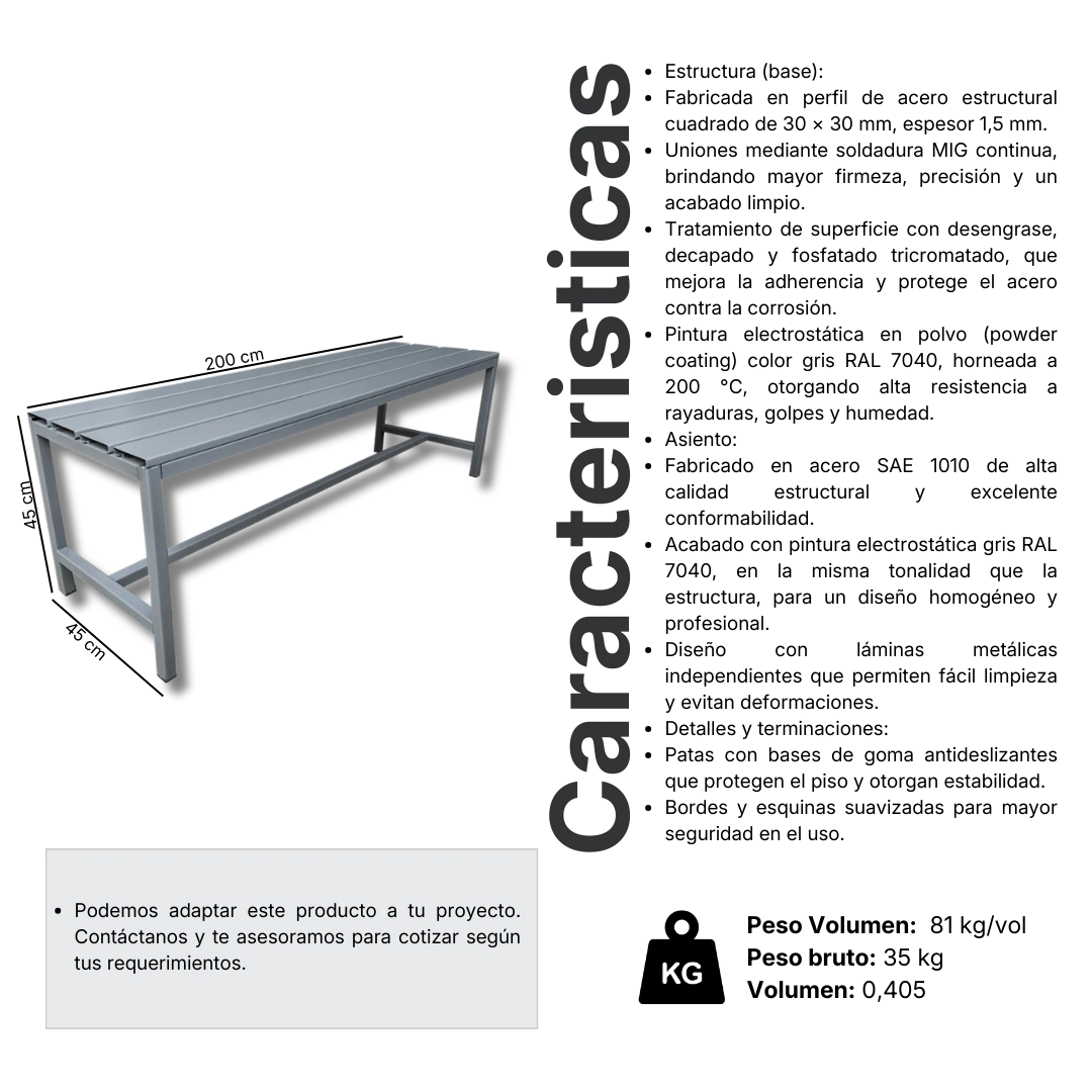 Ficha técnica y medidas de Banca Metálica Simple - 200X45X45