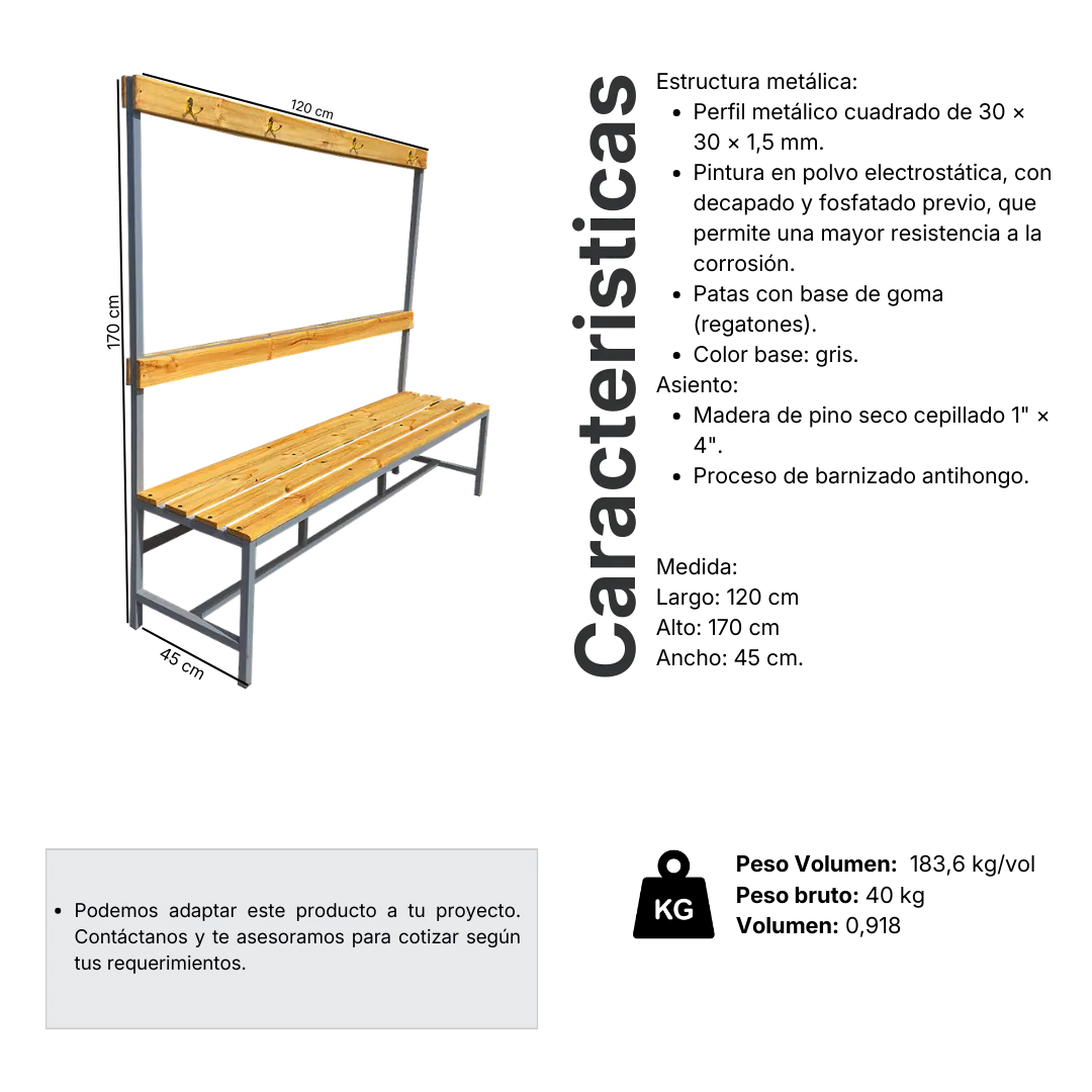 Ficha técnica y medidas de Banca Simple con Perchero 120x170x45