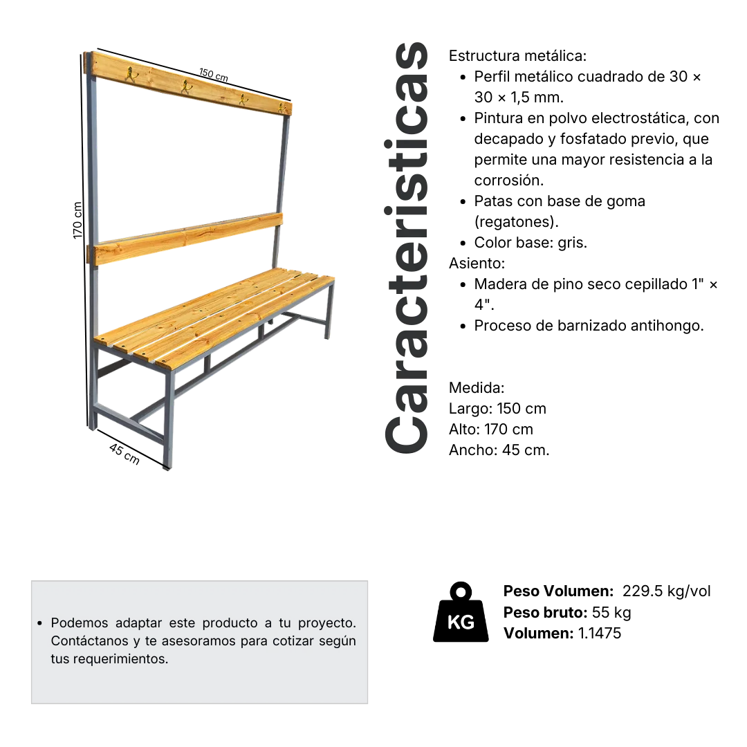 Ficha técnica y medidas de Banca Simple con Perchero 150x170x45