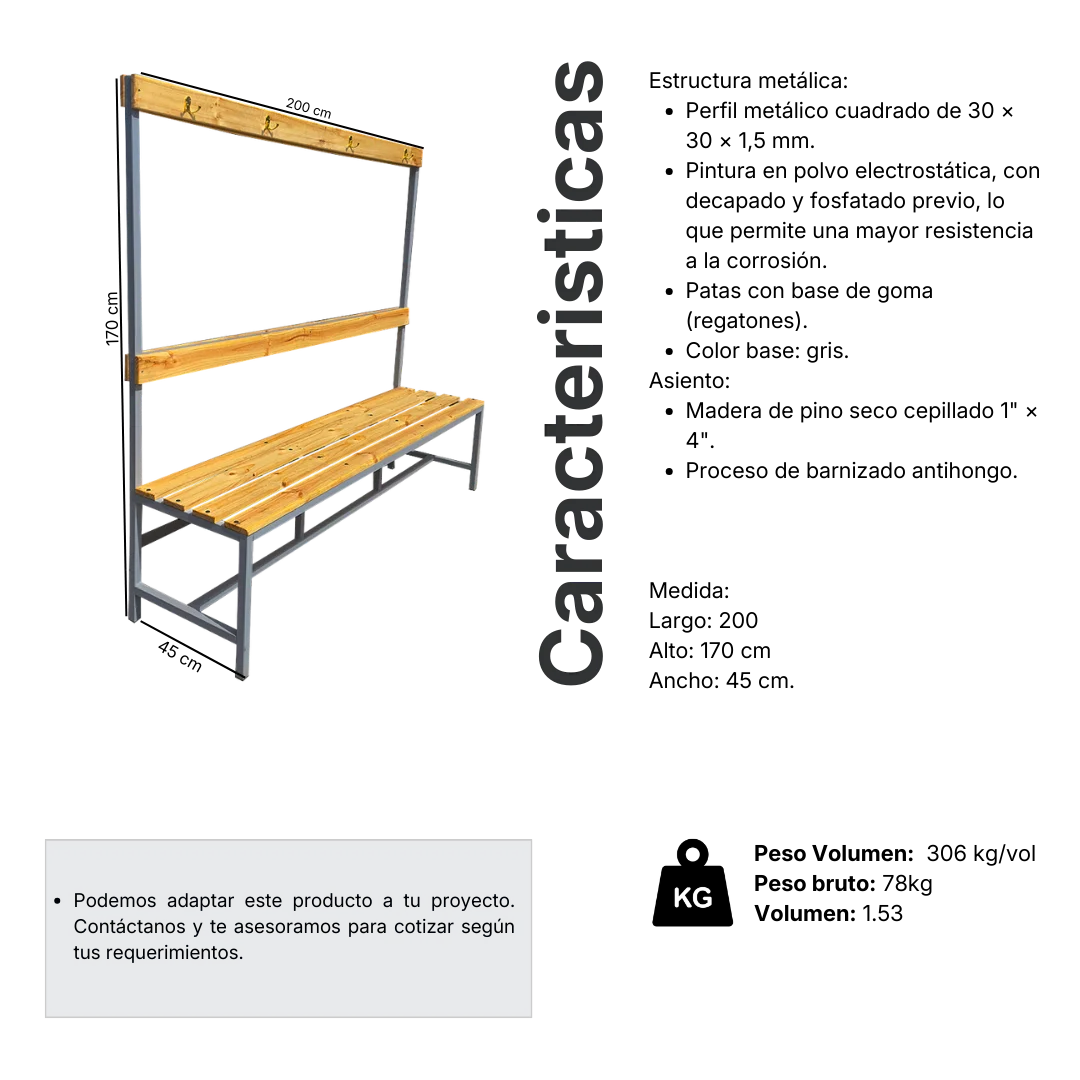 Ficha técnica y medidas de Banca Simple con Perchero 200x170x45