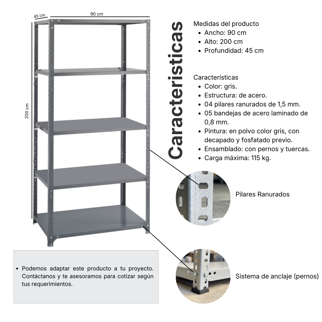 Ficha técnica y medidas de Estantería Mecano Metálico 45X90x200 5B