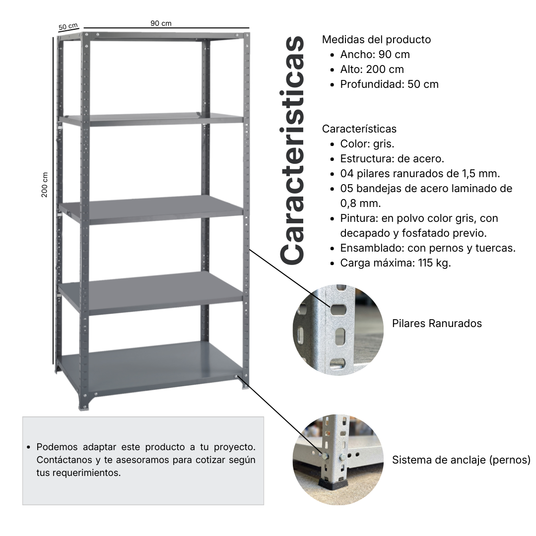 Ficha técnica y medidas de Estantería Mecano Metálico 50X90x200 5B